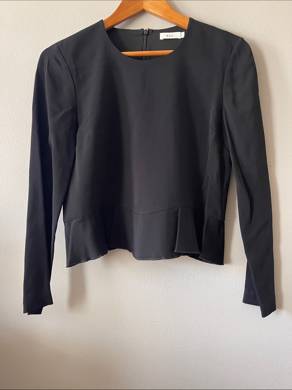 A.L.C. Black cropped Viscose Long-Sleeve Peplum Blouse